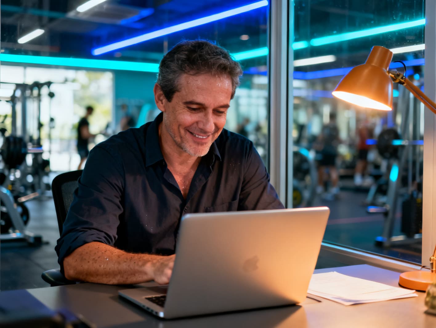 Dono de academia conferindo os números no notebook, com a sala de musculação ao fundo