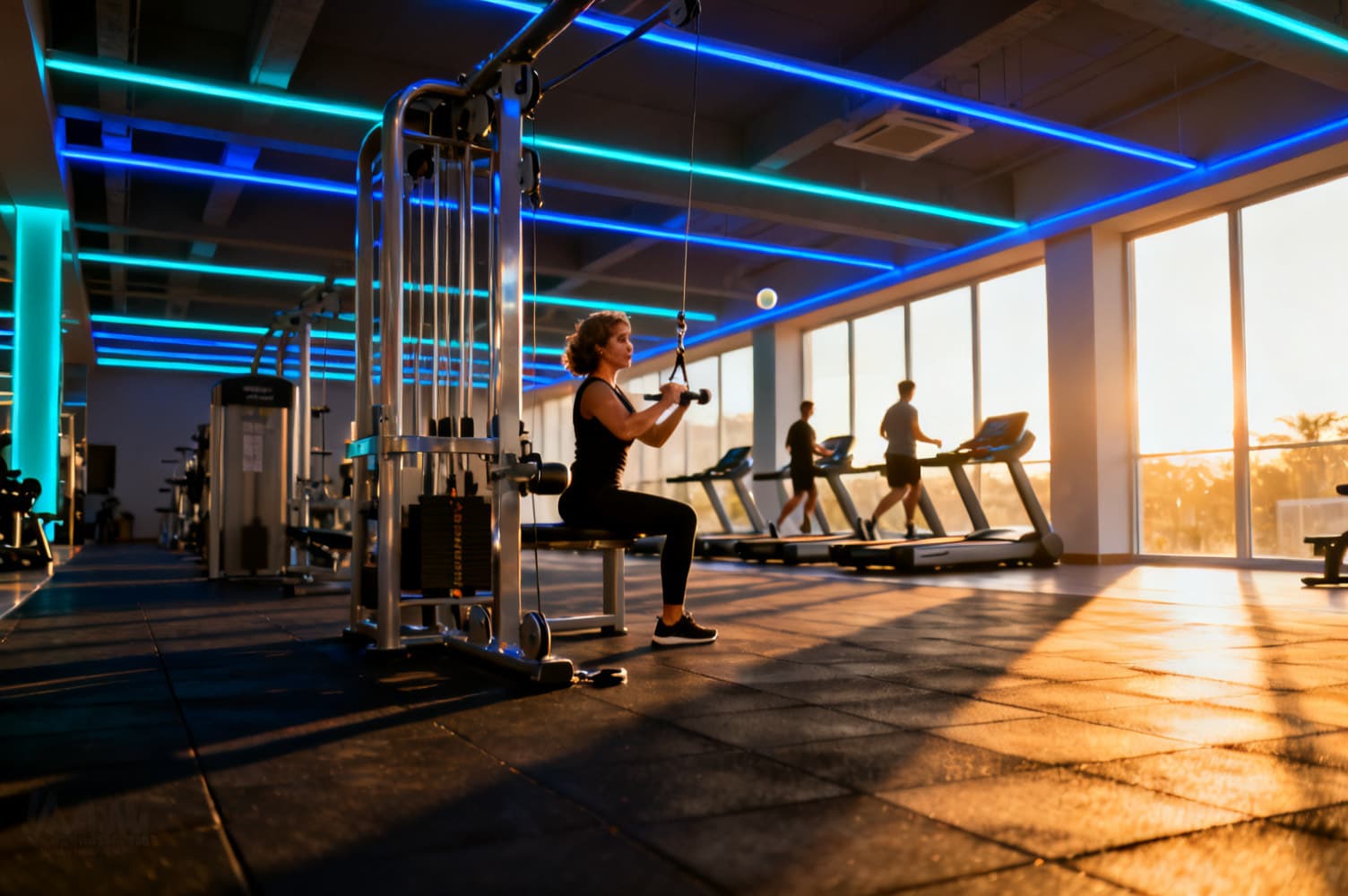 Sala de musculação de uma academia moderna no fim da tarde